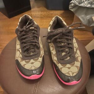 Coach Brown Signature Canvas Sneakers with Pink Soles